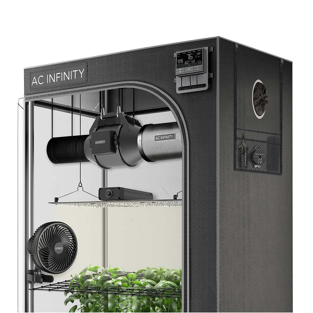 Hochwertiges AC Infinity Grow Zelt 60x120x180 cm mit integriertem Lüftungssystem, LED-Beleuchtung und WiFi-Steuerung für Indoor-Grow.