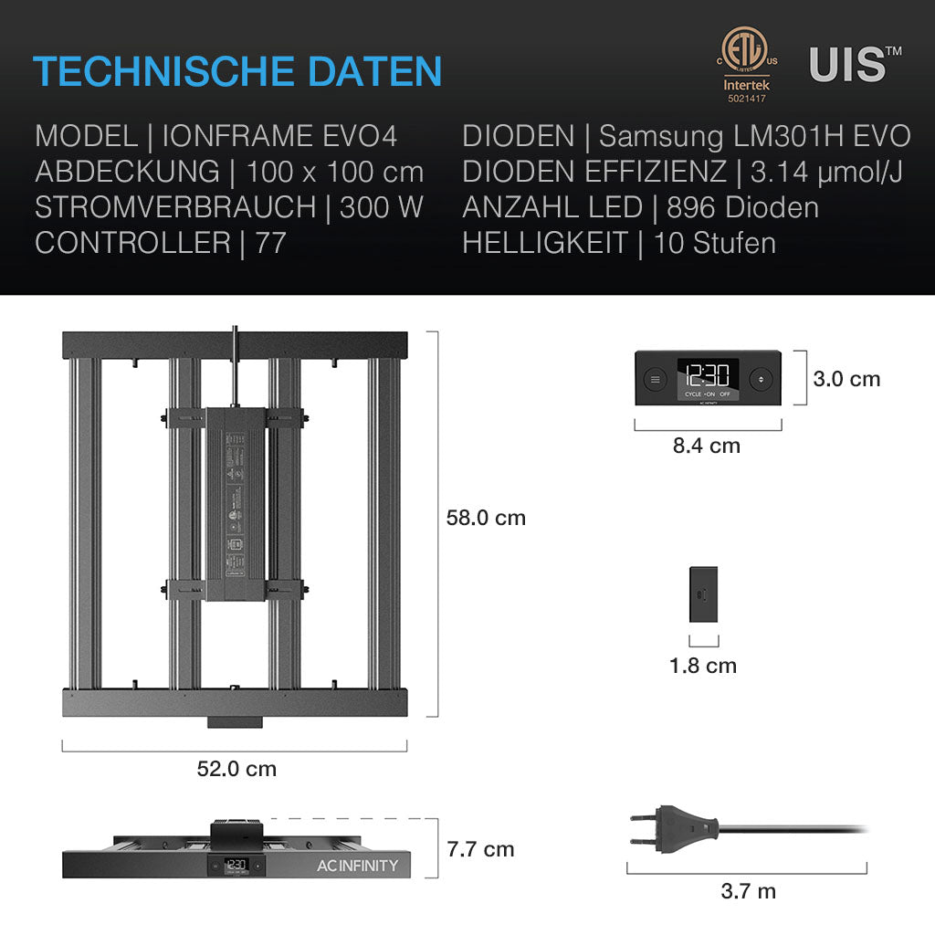 Technische Details der AC Infinity IONFRAME EVO4 mit 300W, 896 LEDs und digitalem Controller für präzise Steuerung und Wärmemanagement.