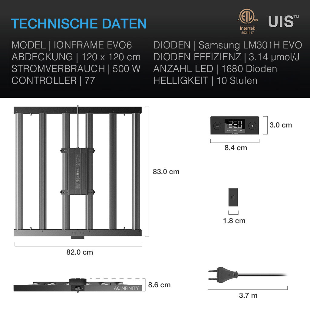 Technische Daten der AC Infinity IONFRAME EVO8: Samsung LM301H EVO-Dioden, 730W Leistung, 2688 LEDs, kompatibel mit UIS Smart Controllern und dimmbar.