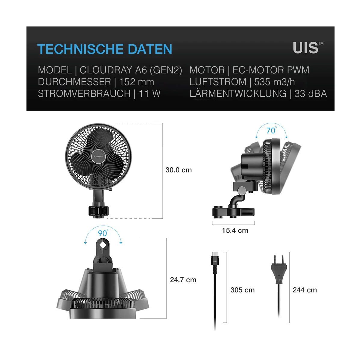 Technische Daten des AC Infinity CLOUDRAY S6 Clip-Ventilators – EC-Motor, 535 m³/h Luftstrom, 33 dBA, Abmessungen, Neigungswinkel und Kabellänge im Überblick