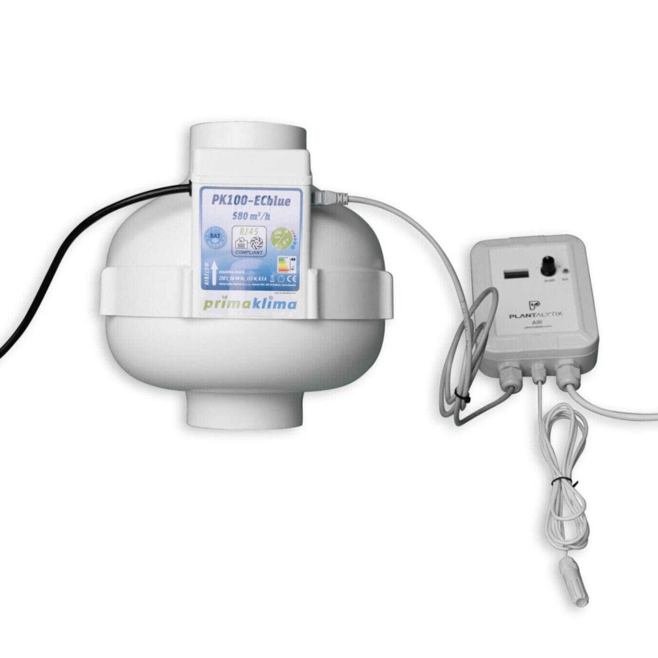 Plantalytix Air Controller mit PrimaKlima EC Blue PK100-ECblue Lüfter – energieeffiziente Steuerung für präzise Temperatur- und Feuchtigkeitskontrolle.