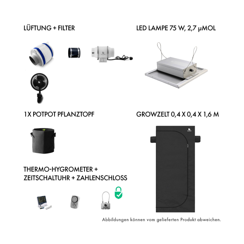 Übersicht des Caluma Komplettsets - 1 Plant mit LED-Lampe 75W, Growzelt (40x40x160 cm), Lüftung, Aktivkohlefilter, Pflanztopf, Hygrometer und Zubehör.