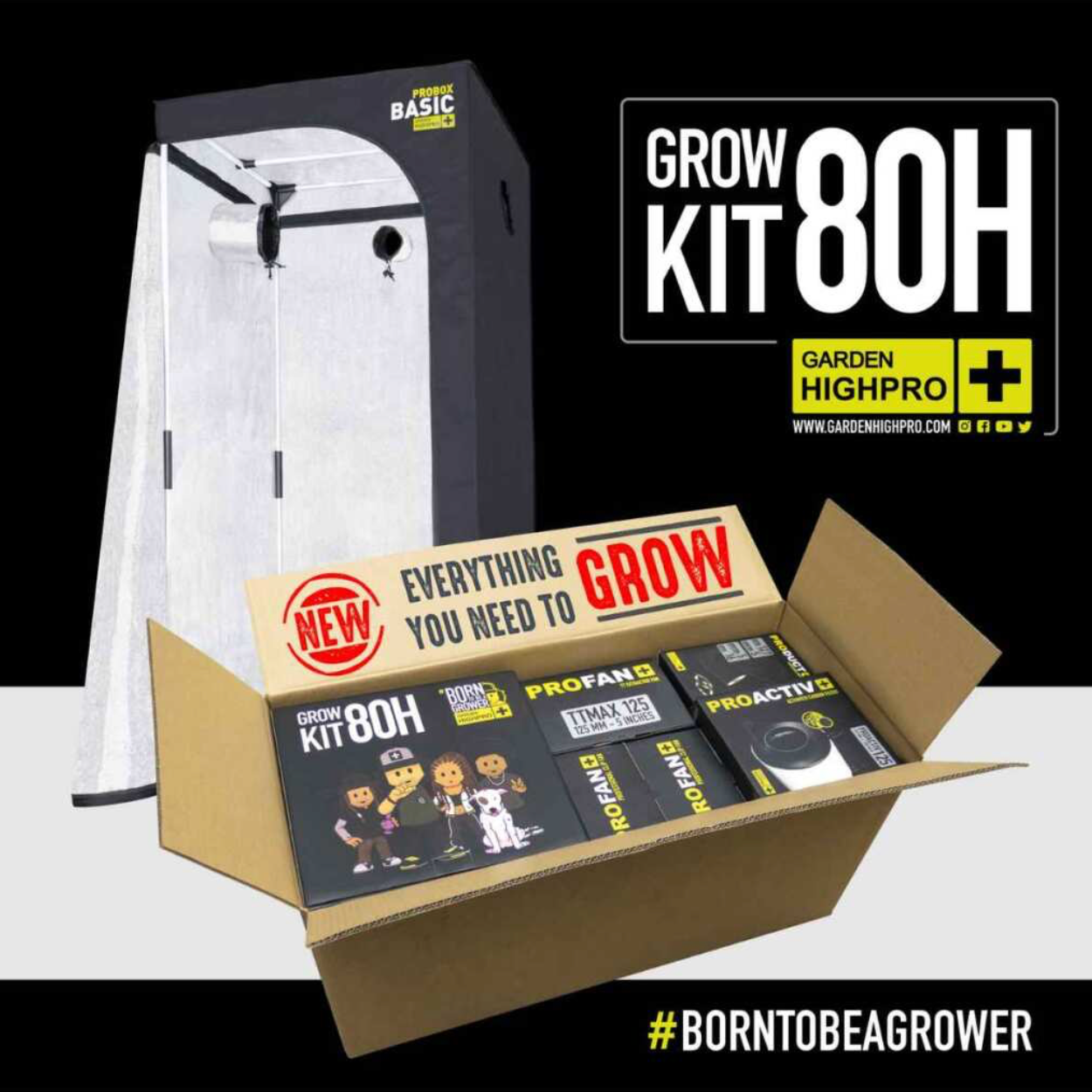 Verpackung des Growkit 80H von Garden Highpro mit detaillierter Auflistung aller im Komplettset enthaltenen Komponenten für den Indoor-Anbau.