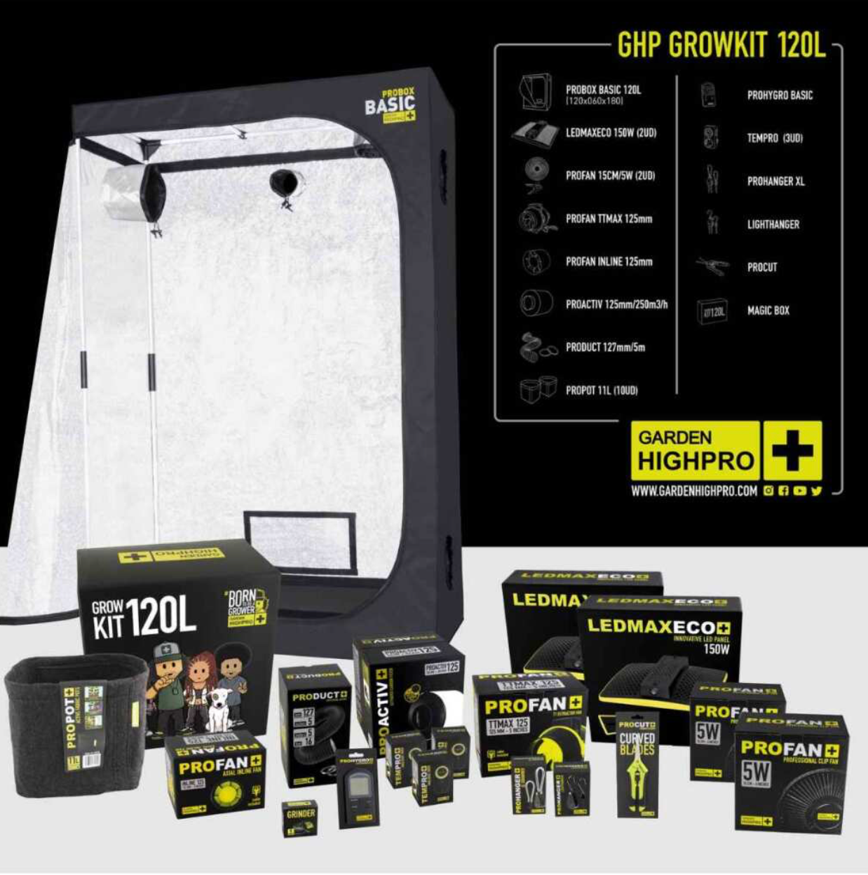 Komplettes Growbox-Set 120x60x180cm mit LEDs, Lüftern und Stofftöpfen, ideal für 3 Pflanzen im Indoor-Growing.