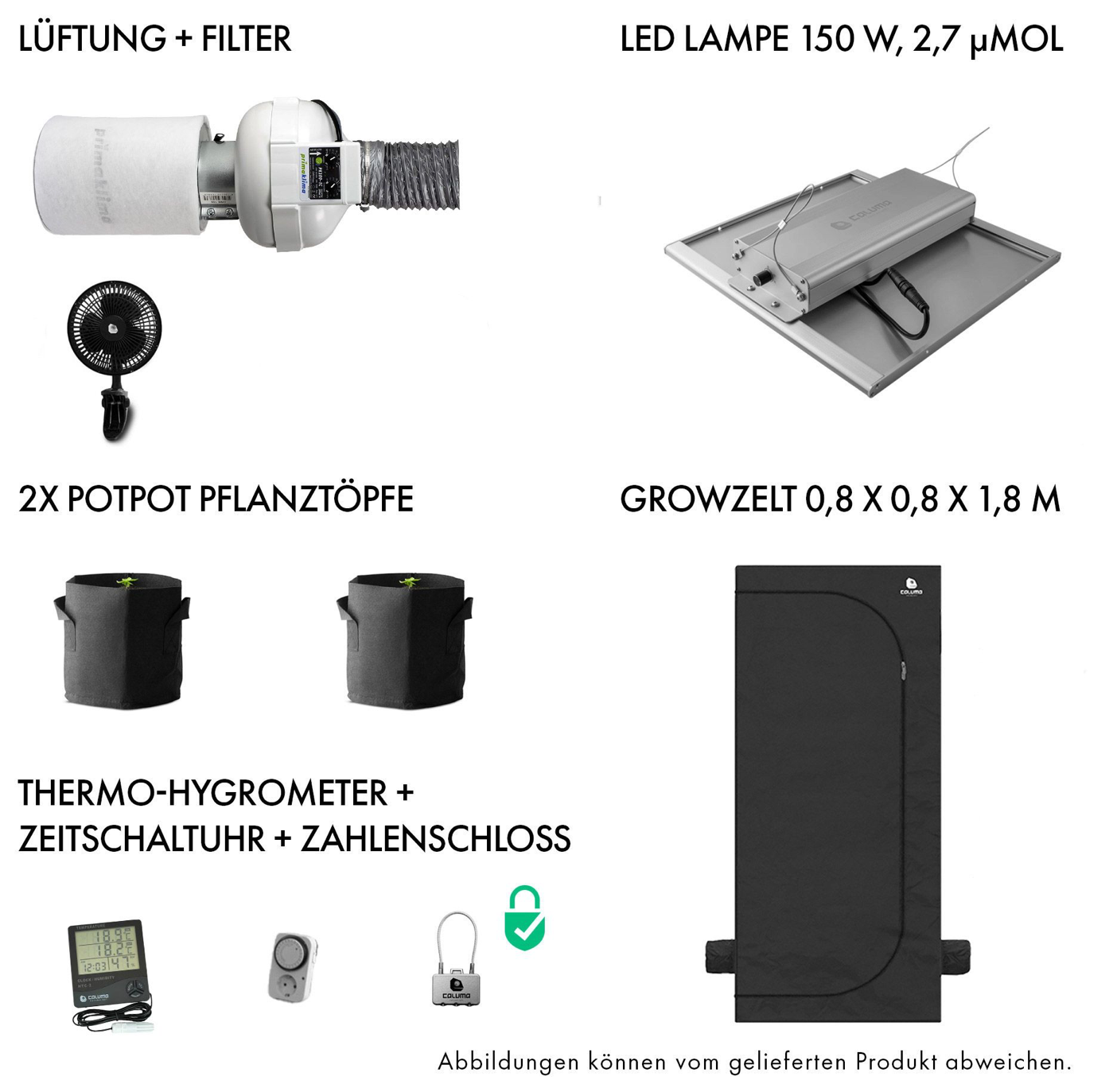 Caluma Growset 80x80 mit LED 150W, Growzelt, Aktivkohlefilter, Clipventilator, PotPot Stofftöpfen, Zeitschaltuhr, Hygrometer und Vorhängeschloss