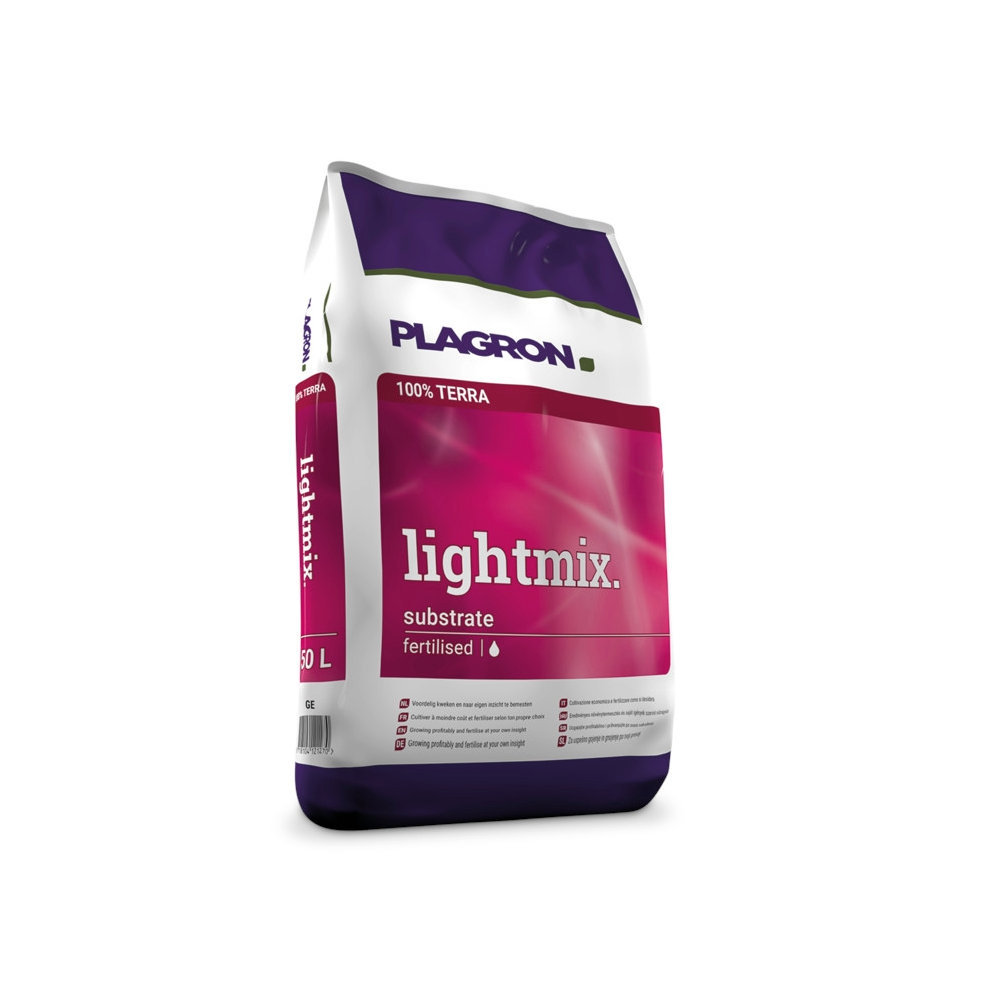 Plagron Lightmix 25 Liter Substrat in Verpackung. Ideal für die Anzucht und Wachstumsphase, torfbasiert mit Perliten, fördert starkes Wurzelwachstum und ermöglicht individuelle Düngepläne. Vorgedüngt und geeignet von der Aussaat bis zur Ernte.