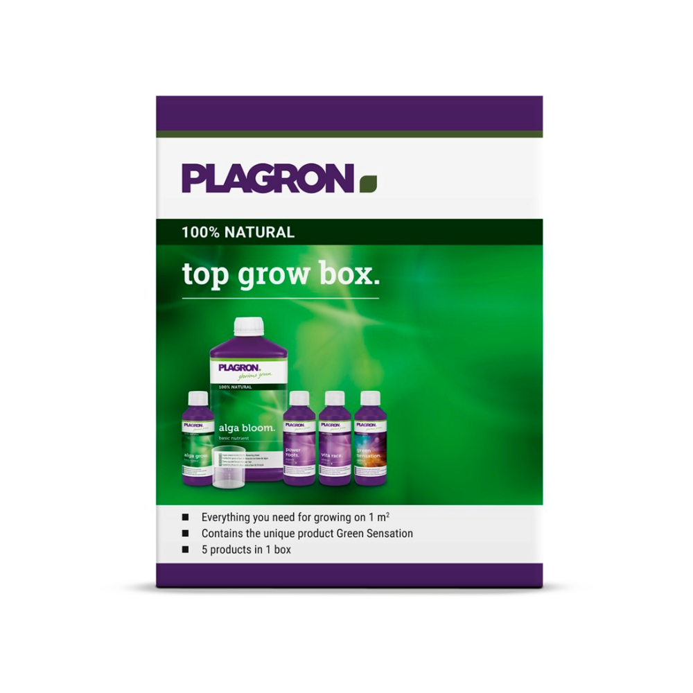 Plagron Top Grow Box 100% Natural – Komplettset für den biologischen Anbau auf 1 m². Enthält Alga Grow, Alga Bloom, Power Roots, Vita Race und Green Sensation für optimale Nährstoffversorgung und reichhaltige Erträge.