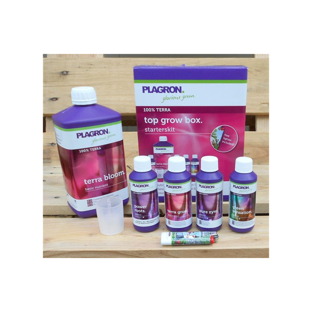 Plagron Top Grow Box 100% Terra Starterkit mit Terra Grow, Terra Bloom, Power Roots, Pure Zym und Green Sensation für optimale Pflanzenpflege und Erträge auf 1 m².