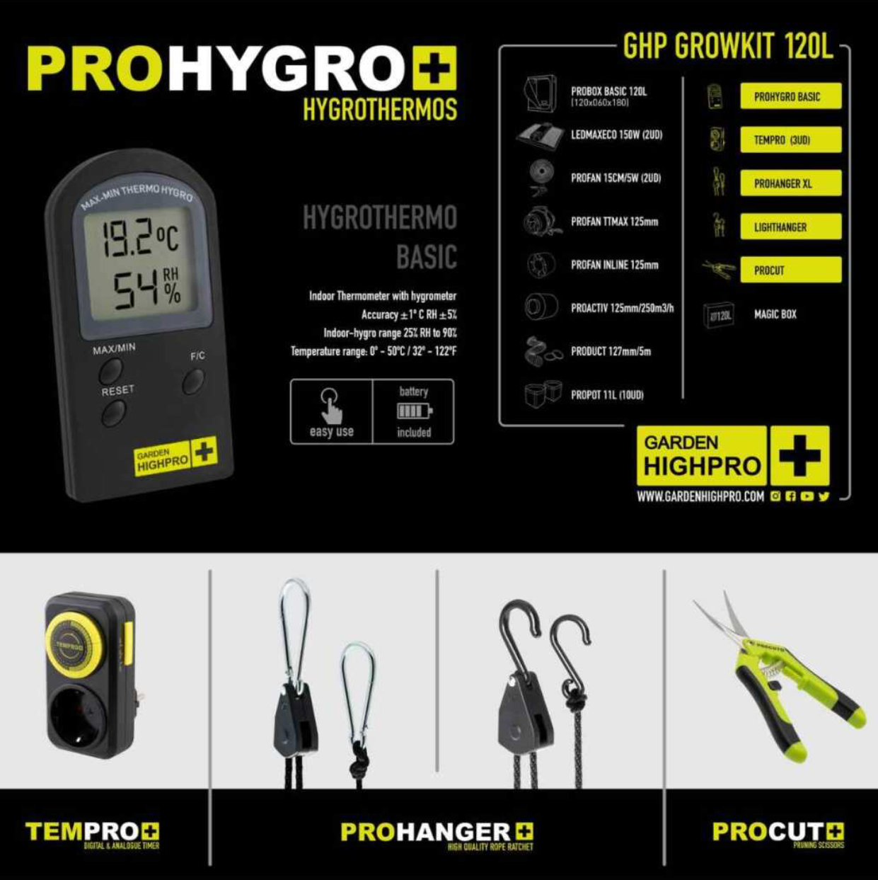 Hygrothermometer ProHygro zur Überwachung von Temperatur und Luftfeuchtigkeit in Growboxen. Mit Zubehör wie Zeitschaltuhr, ProHanger und ProCut Schere.