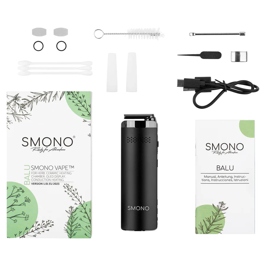 Detaillierte Ansicht des Smono Balu Vaporizers mit Zubehör, einschließlich USB-C-Kabel, Reinigungswerkzeug und Bedienungsanleitung.