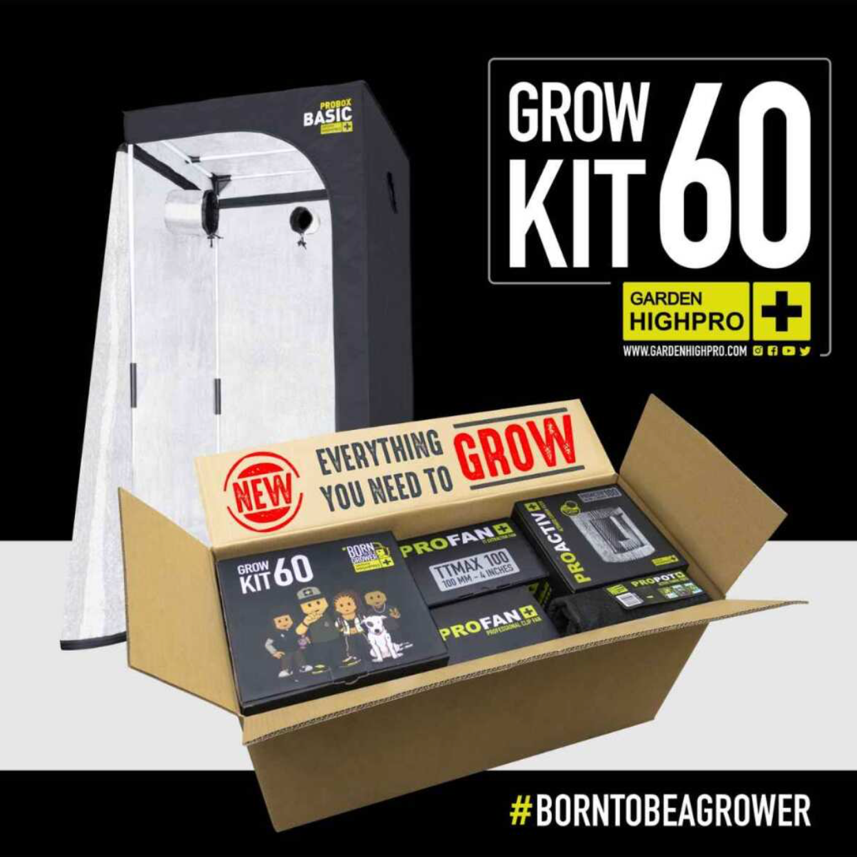 Die Verpackung des Growbox Kits 60x60 von Garden Highpro mit der Aufschrift "Everything You Need to Grow" und detaillierter Produktübersicht.