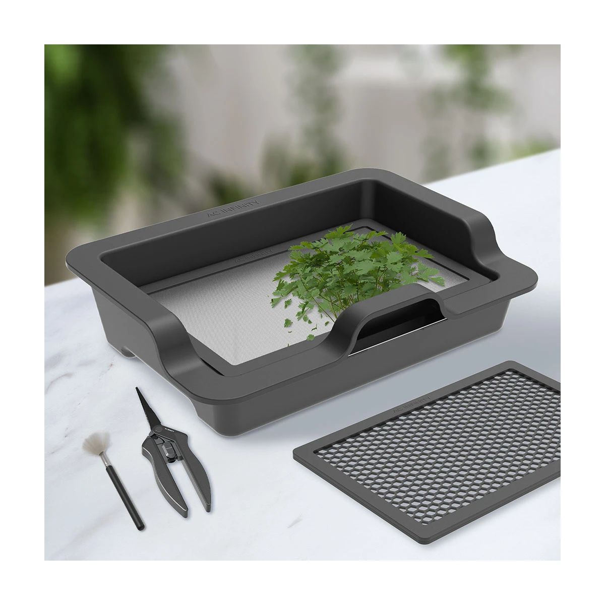 AC Infinity Trimmsystem mit Edelstahlsieb – ergonomisches Trimmtablett inklusive Präzisionsschere und Bürste für effizientes Pflanzentrimmen