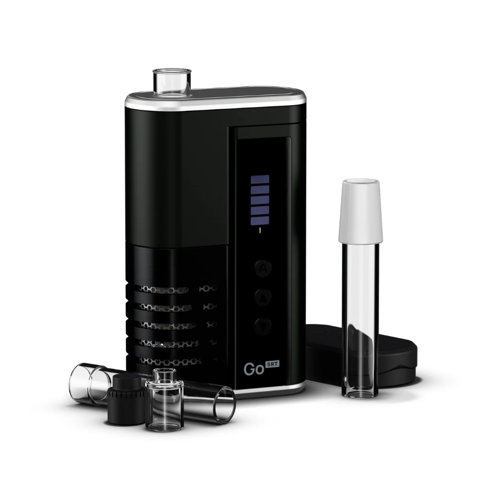 Arizer Go SRT Vaporizer mit Glasmundstück, Go Shell Kapsel und Zubehör in der Frontansicht