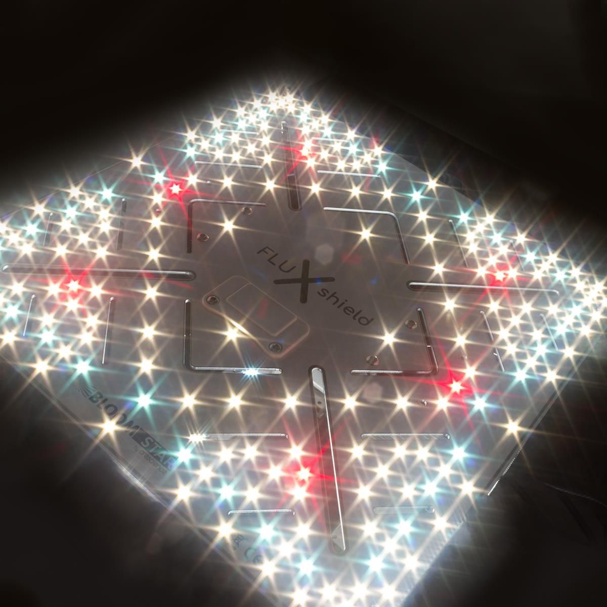 BloomStar FLUXshield 300 LED Growlampe im Betrieb – Vollspektrum Lichtbild für 60x60 cm