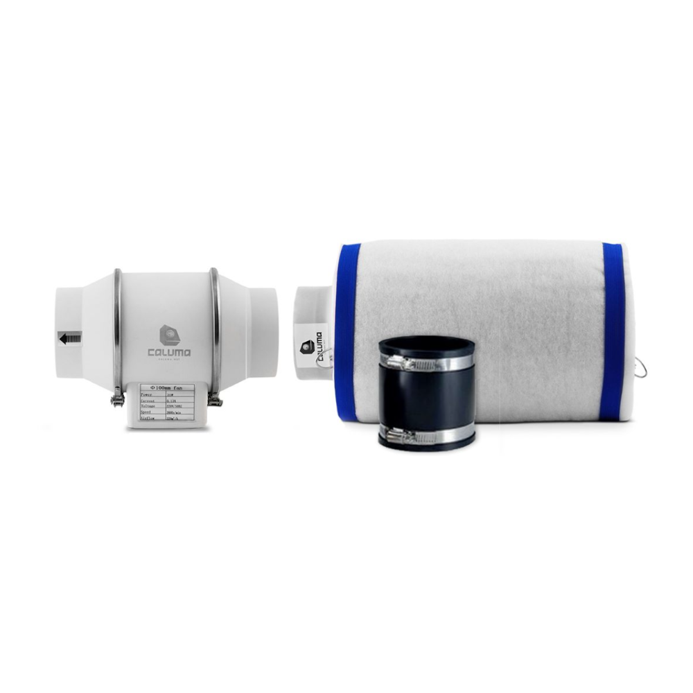 Caluma Midi-Filter-Set 100 mm (280 m³/h) mit Aktivkohlefilter, Inline-Lüfter und Verbindungsmuffe – Komplettset für leise Growbox-Abluft und Geruchskontrolle.