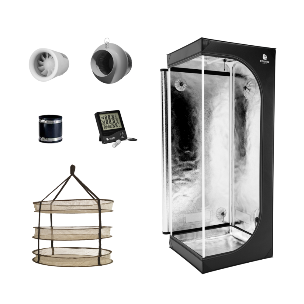 CALUMA NO STANK YOU Trockenzelt Set mit Aktivkohlefilter, Lüfter, Hygrometer und 3-Etagen Trockennetz für geruchsneutrale Ernte-Trocknung