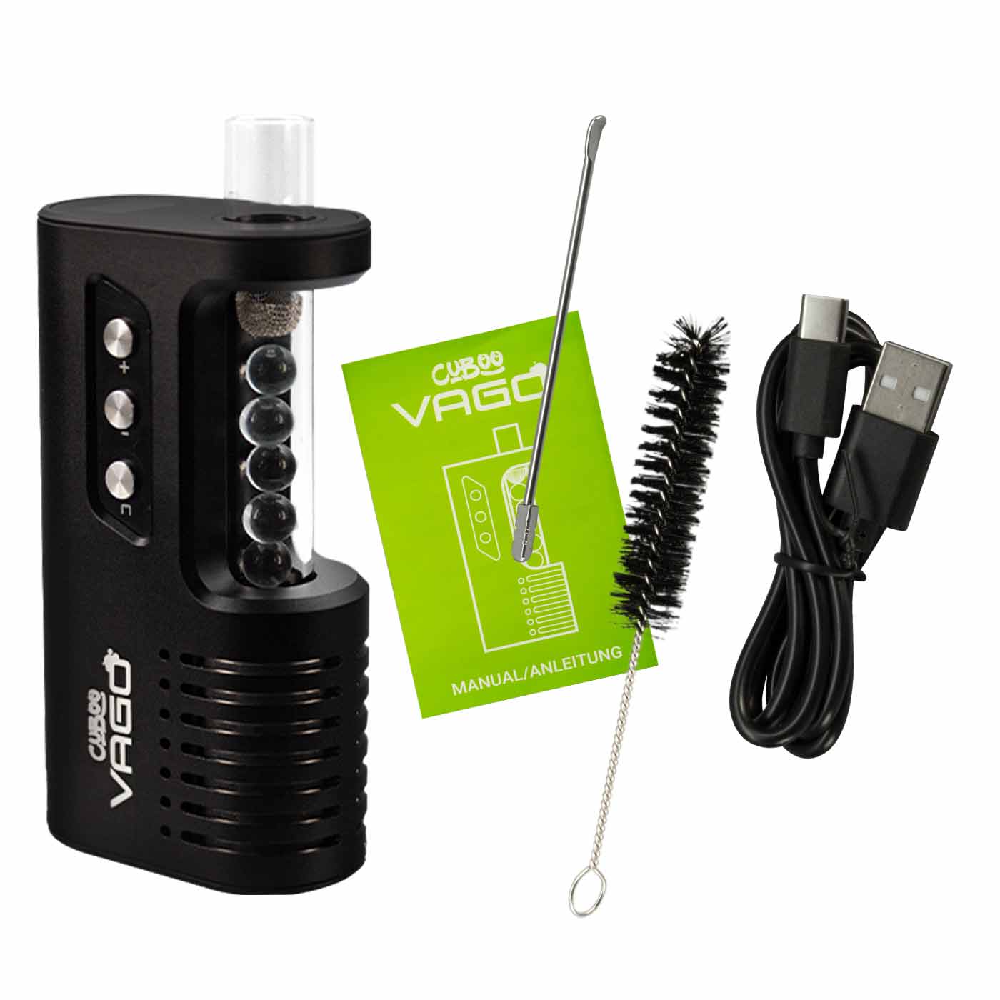 Cuboo VaGo Vaporizer Set mit Glasmundstück, USB-C Ladekabel, Reinigungsbürste und Rührwerkzeug