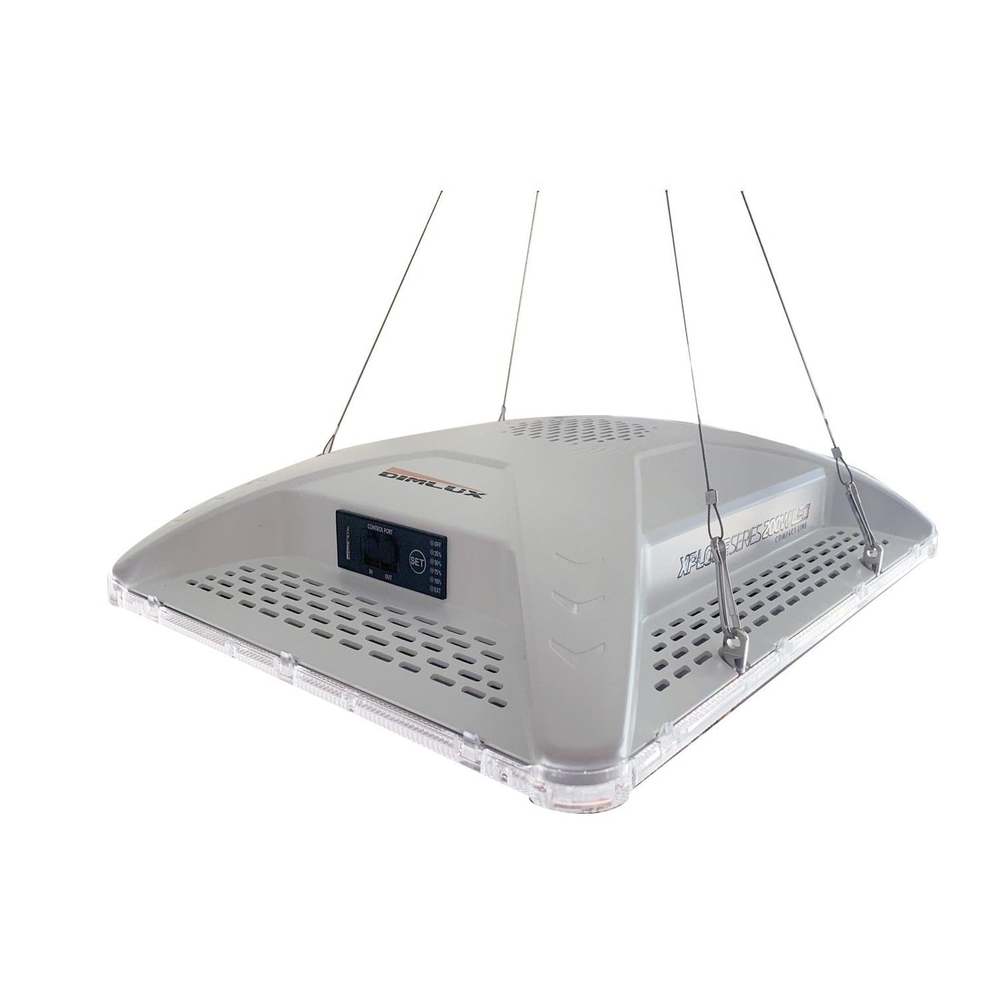Dimlux Xplore CompactLine 200W – IP65 Vollspektrum LED-Growlampe, 0–10V dimmbar, hängend an Stahlseilen für 100–120 cm Growzelte
