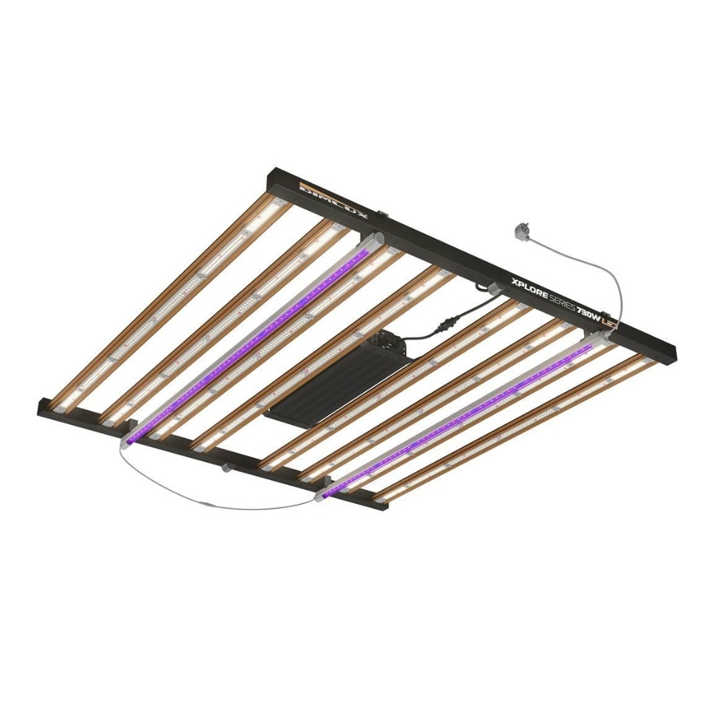 UV-A/Far-Red Add-on-Leisten am Dimlux Xplore 730W LED-Panel montiert – gleichmäßige Spektrumerweiterung im Grow-Zelt