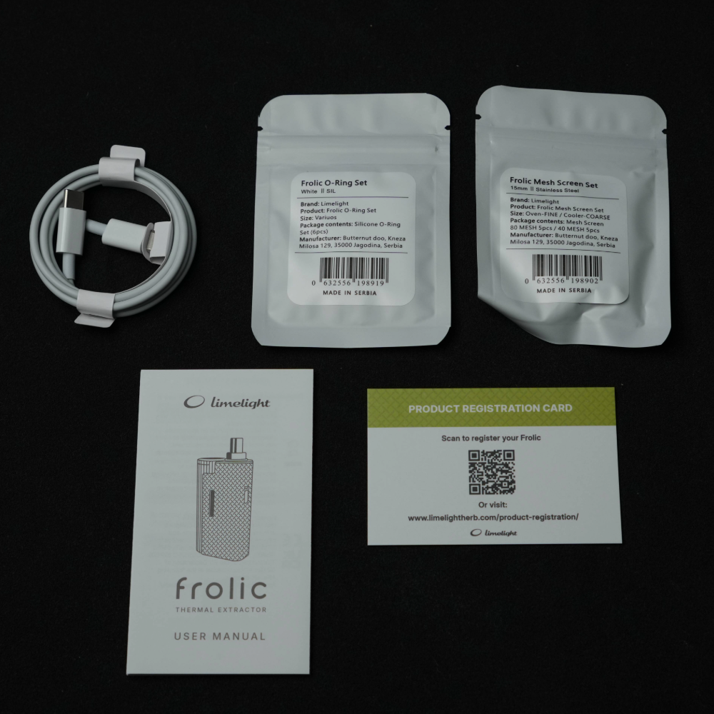 Lieferumfang Limelight Frolic Thermal Extractor – USB-C Kabel, O-Ringe, Screens, Handbuch, Registrierung