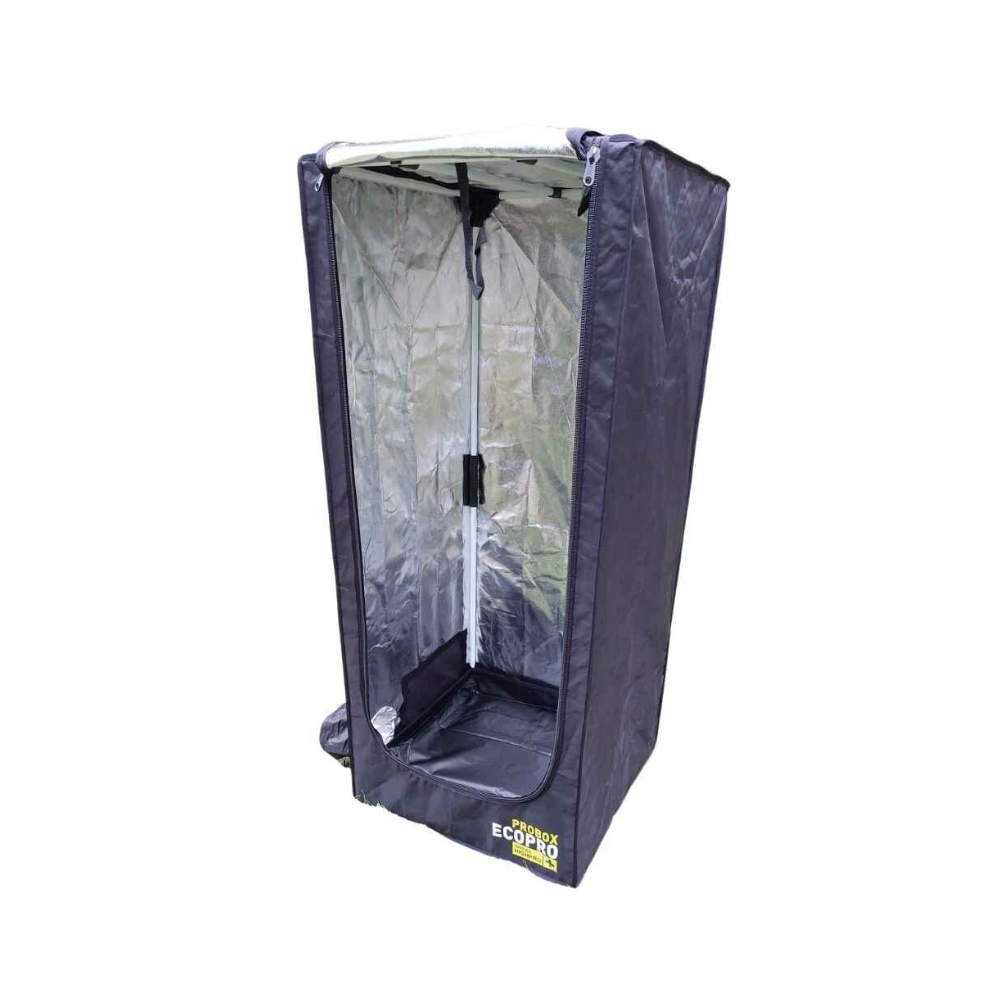 Innenansicht der PROBOX ECOPRO 40 Growbox von Garden Highpro – geöffnet mit Mylar-Beschichtung und stabilem 16-mm-Gestänge