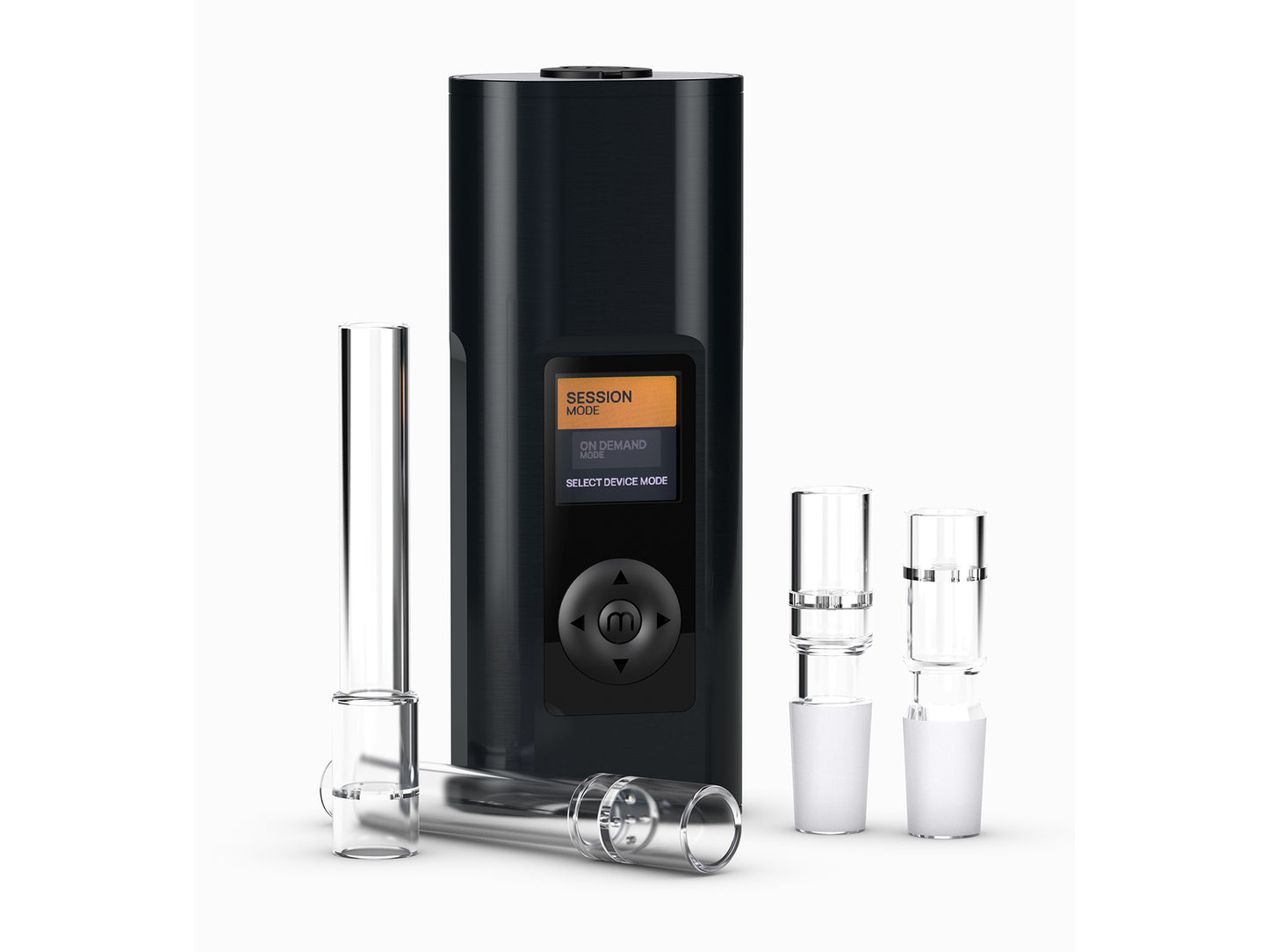 Solo III Vaporizer von Arizer mit verschiedenen Glas-Aromarohren und Zubehörteilen.