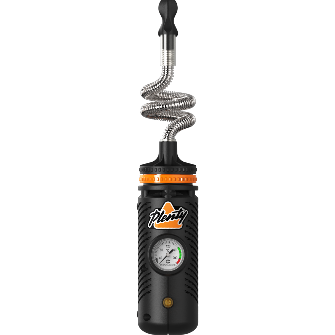 Aufrechter Plenty Vaporizer mit Kühlspirale, präziser Temperaturkontrollanzeige und robustem Design in Schwarz und Orange.