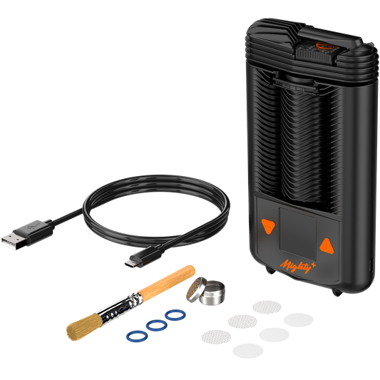 Mighty+ Vaporizer mit USB-C Kabel, Reinigungsbürste und Zubehör – vollständiger Lieferumfang im Überblick.