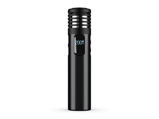 Arizer Air Max Vaporizer in Carbon-Black mit beleuchtetem Temperaturdisplay zeigt 200°C für eine präzise Temperatursteuerung.