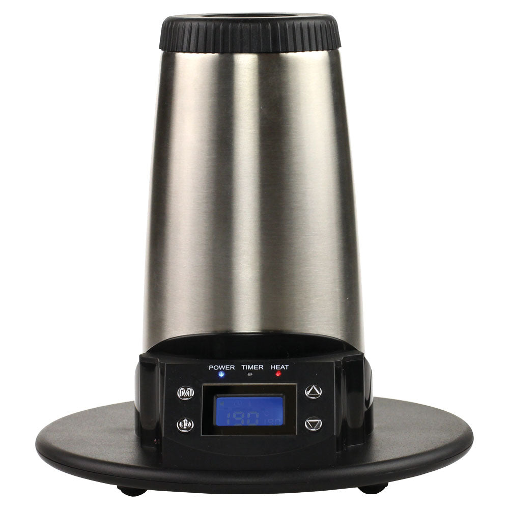 V-Tower Vaporizer von Arizer, Vorderansicht, digitaler Tischvaporizer mit Edelstahlgehäuse