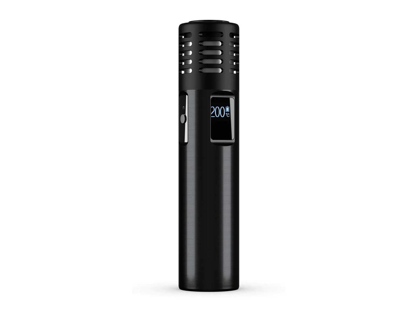 Seitenansicht des Arizer Air Max in Schwarz, betont die schlanke Form und das digitale Temperaturdisplay für ein elegantes Design.