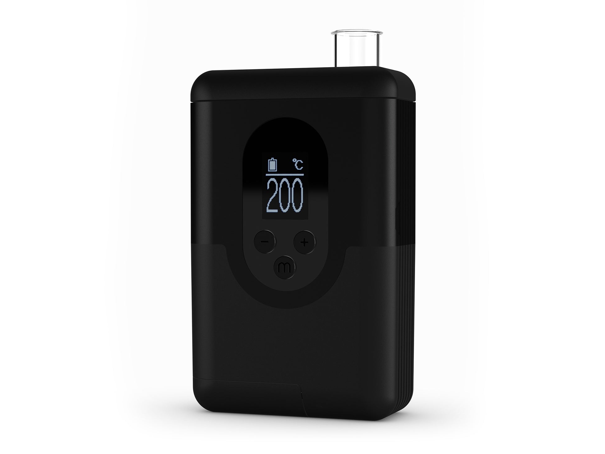 ArGo Vaporizer, seitliche Vorderansicht mit ausgefahrenem Glasmundstück, zeigt hochwertige Materialien und Design