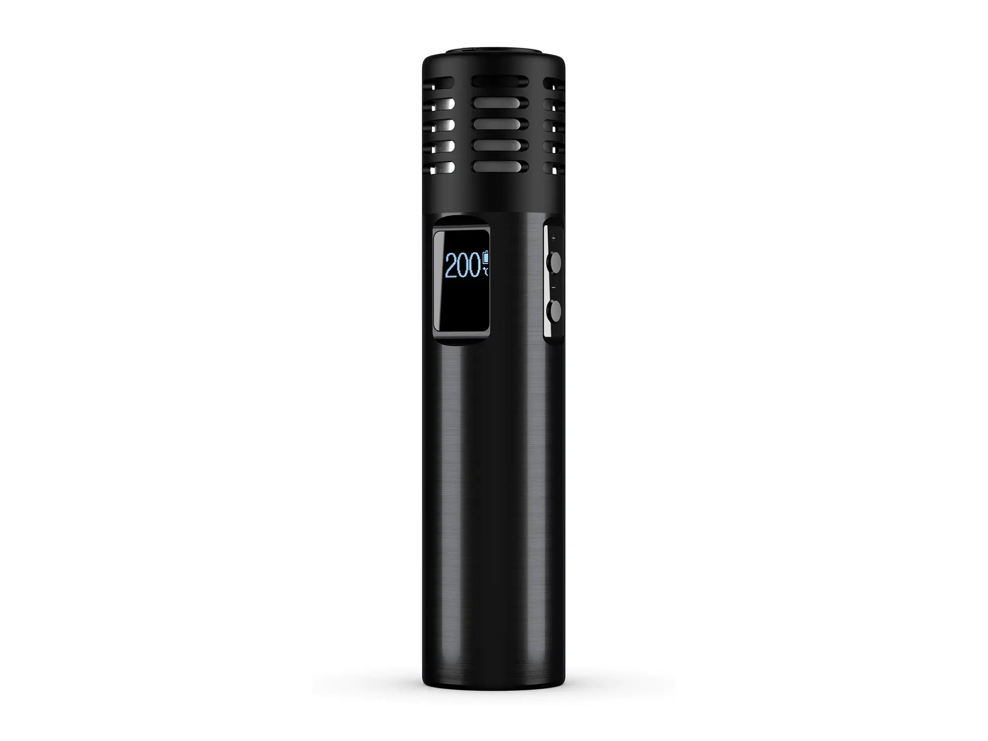 Arizer Air Max Vaporizer mit sichtbaren Bedienelementen und OLED-Display, umgeben von einer strukturierten schwarzen Oberfläche.