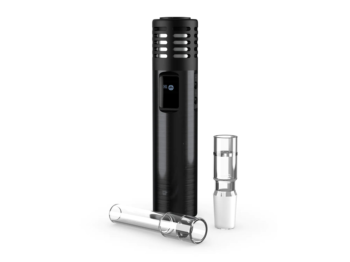 Arizer Air Max Vaporizer mit Glasröhrchen und Milchglas-Wasserpfeifen-Adapter, demonstriert das Zubehör für geschmacksintensives Vaping.