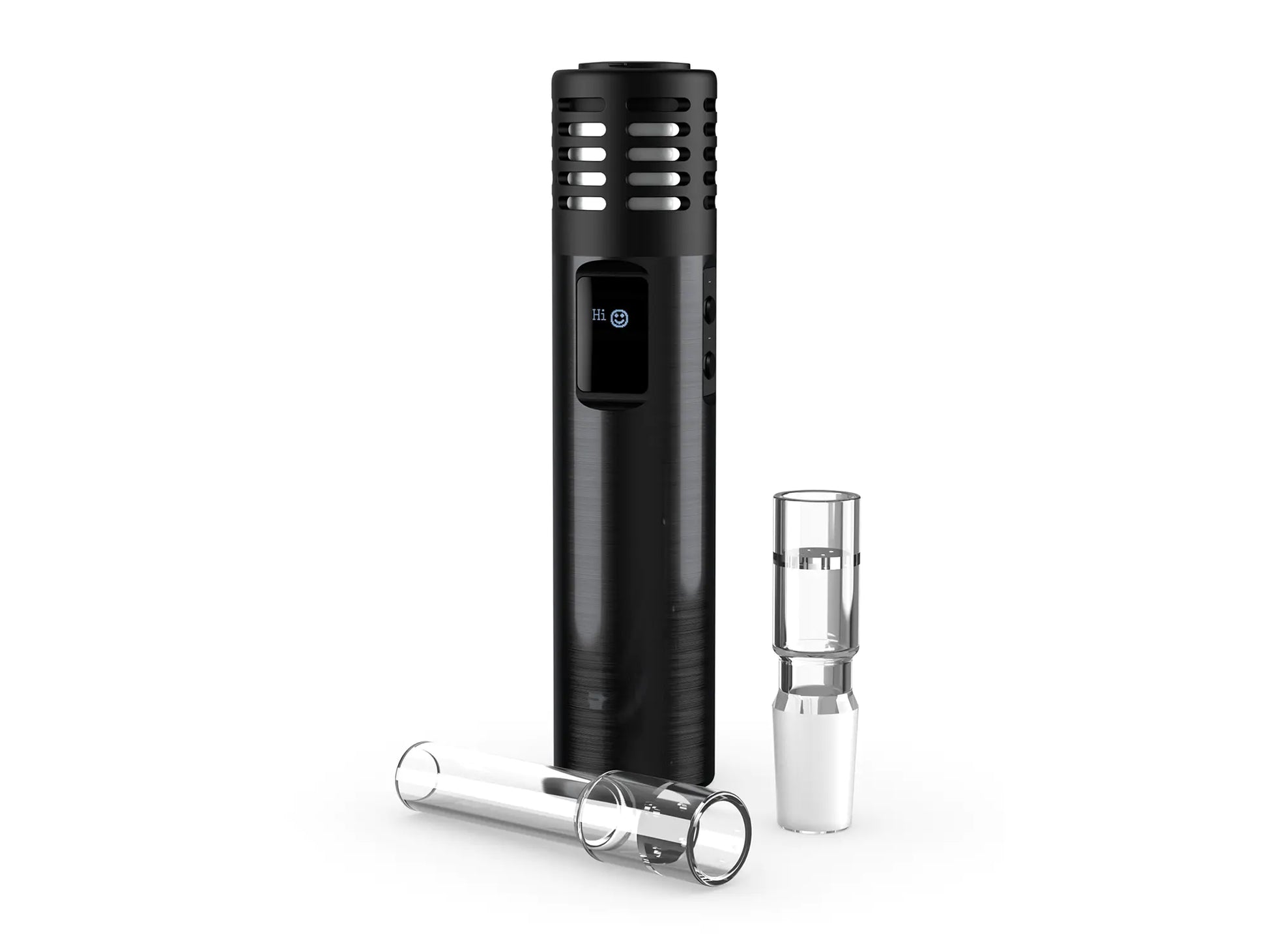 Arizer Air Max Vaporizer mit Glasröhrchen und Milchglas-Wasserpfeifen-Adapter, demonstriert das Zubehör für geschmacksintensives Vaping.