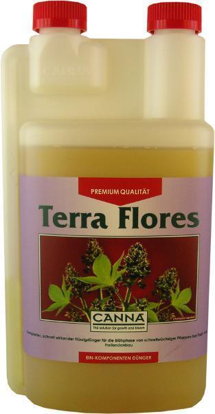 Flasche des Terra Flores Düngers von CANNA mit Premium-Qualitätssiegel, spezialisiert auf die Blütephase für hydroponische und Erdkulturen.