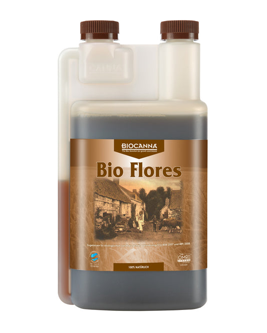 Flasche des BIOCANNA Bio Flores, eines 100% natürlichen Pflanzendüngers für die Blütephase, mit Zulassung für ökologischen Landbau.
