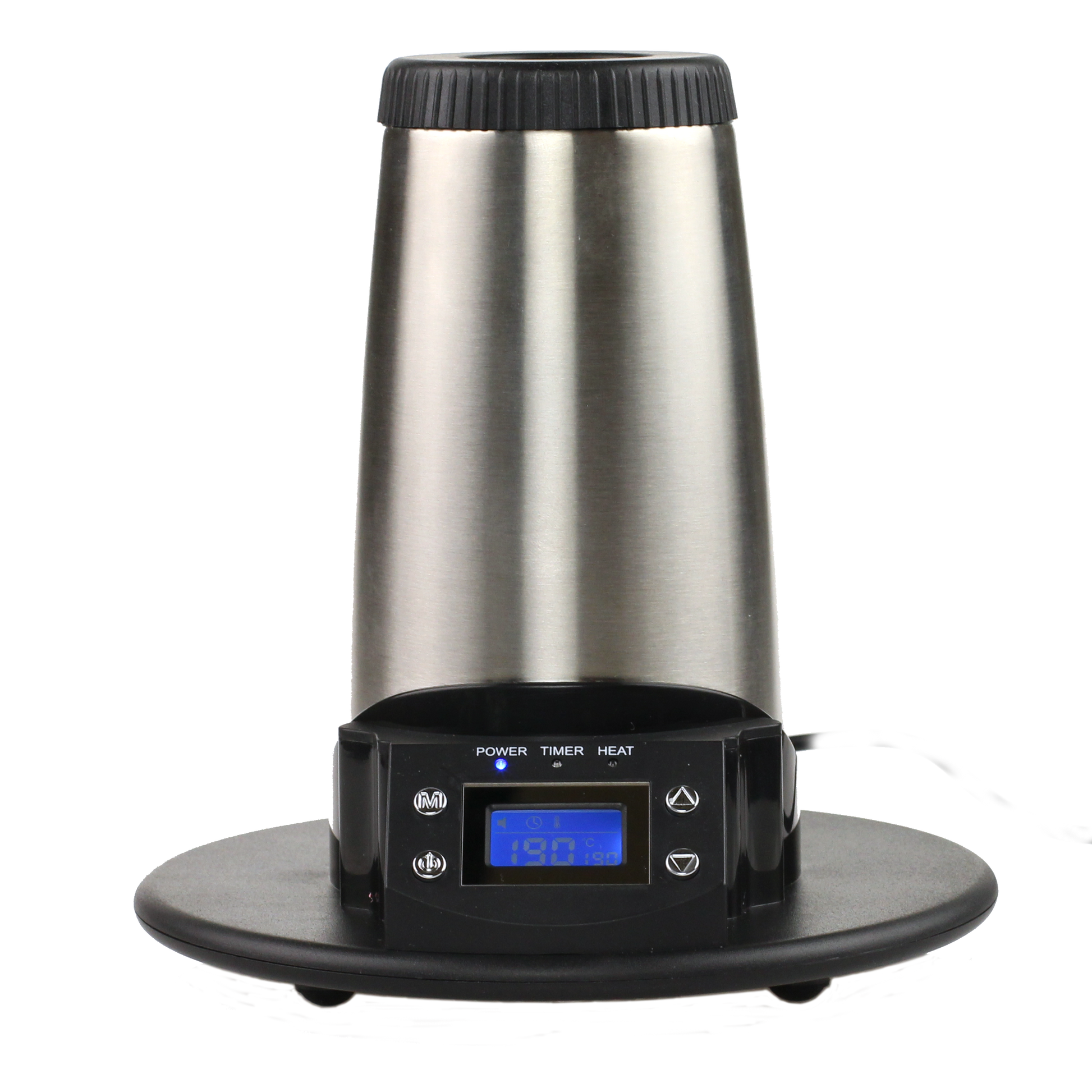 V-Tower Vaporizer von Arizer, Vorderansicht mit digitalem Display und Edelstahlgehäuse