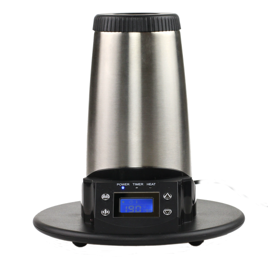 V-Tower Vaporizer von Arizer, Vorderansicht mit digitalem Display und Edelstahlgehäuse