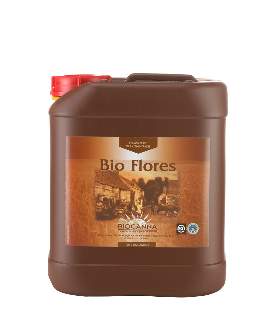 Großer Kanister des biologischen Pflanzendüngers BIOCANNA Bio Flores, speziell entwickelt für die Blütephase von Pflanzen, 100% biologisch.