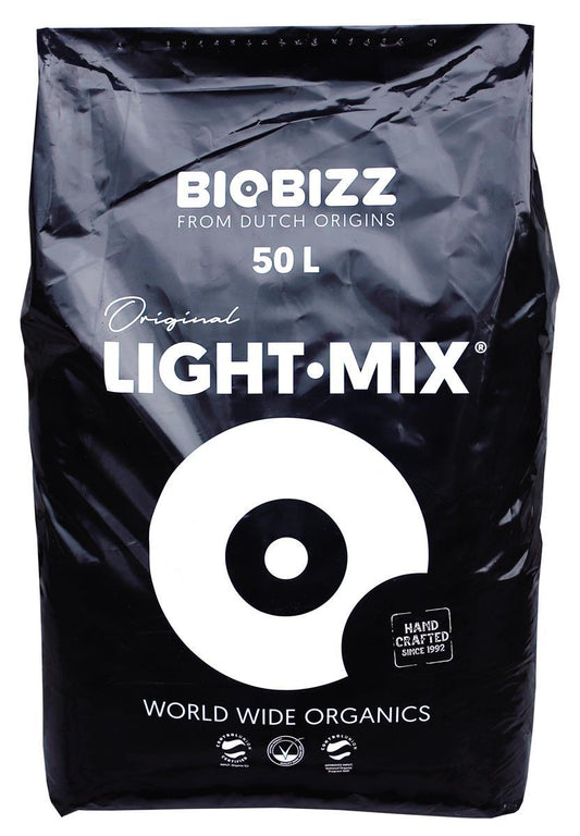 50-Liter-Sack Biobizz Original Light-Mix Anzuchterde in schwarzer Verpackung mit weißem Labeling und Bio-Zertifizierungssymbolen