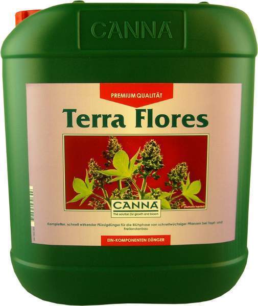 Großverpackung des Terra Flores Düngers von CANNA in einem grünen Kanister, zur Förderung der Blütenentwicklung bei Pflanzen.