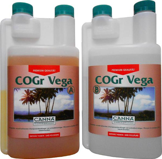 Zwei 1-Liter-Flaschen von Canna CoGr Vega A und B Düngemittel für Wachstumsphase, nebeneinandergestellt auf weißem Hintergrund