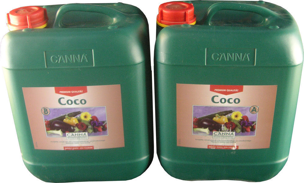 Zwei 10-Liter-Kanister von Canna Coco A und B, Hydrokultur-Düngemittel für verbesserte Pflanzenernährung und Wachstum, grüne Kanister mit roten Deckeln