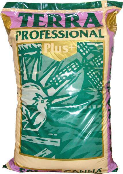 50-Liter-Sack Canna Terra Professional Plus Premium-Erde mit auffälligem grün-gelbem Verpackungsdesign für Gartenbau