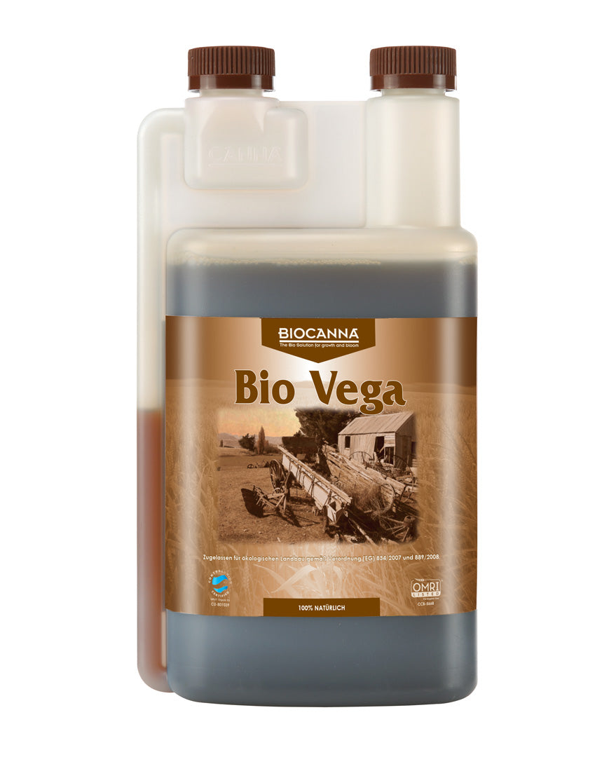 Zweifarbige Flasche mit BIOCANNA Bio Vega, einem organischen Dünger für starke Pflanzen und gesundes Wachstum, mit OMRI- und ECO-Zertifizierung.