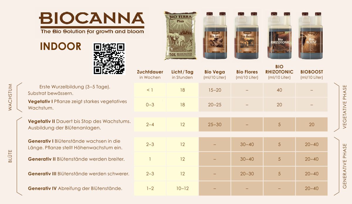 Detaillierte Anleitung und Dosierungsempfehlungen für BIOCANNA Bio Vega und andere BIOCANNA Produkte, für verschiedene Phasen des Pflanzenwachstums, präsentiert auf einer informativen Grafik.