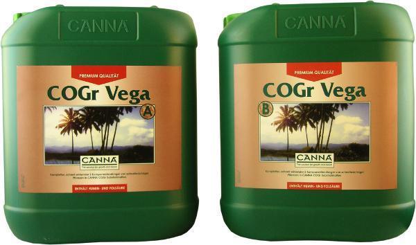 Zwei 5-Liter-Kanister von Canna CoGr Vega A und B Dünger für professionelle Hydrokultur, gestapelt auf weißem Grund