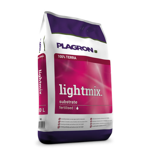 50 Liter Beutel Plagron Lightmix Substrat mit Vordüngung für optimale Pflanzenanzucht und Wachstum, verpackt in markantem Design mit lila und rosa Farbschema.