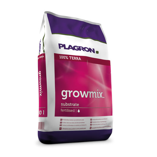 50-Liter-Packung Plagron Growmix mit vorgedüngter Wachstumserde, verpackt in auffälliger lila-weißer Tasche, markiert mit 100% Terra und Nährstoffangaben.